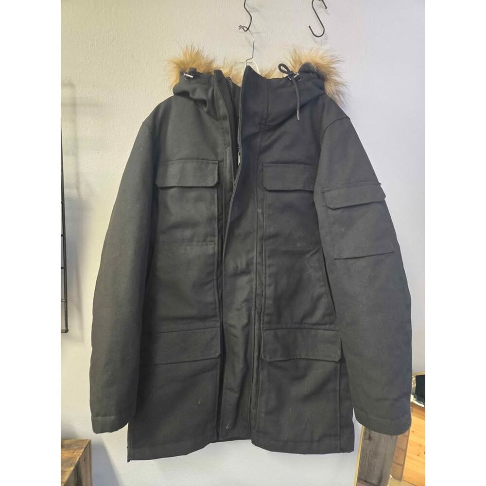 H&M‎ L.O.G.G. Black Padded Parka Jacket Faux Fur Hood Men's Medium